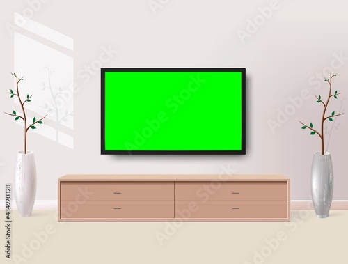 Realistic TV LCD screen mockup. Panel with green screen on background. Vector illustration