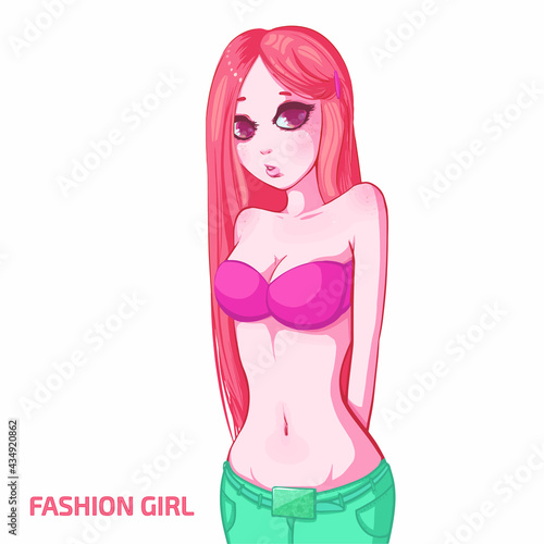 Red-haired girl in green jeans on isolation background. Illustration. Art creation. Fashion model