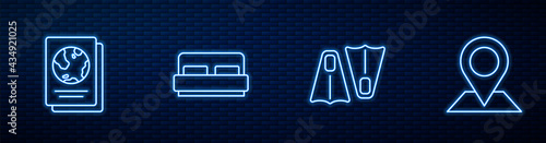 Set line Rubber flippers for swimming, Passport, Hotel room bed and Location. Glowing neon icon on brick wall. Vector