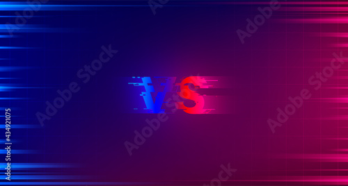 Versus tournament screen design. Glitched VS monogram on blue red background with laser grid. Template for esports battle. Team competition, game championship. Vector