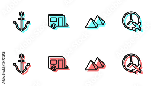 Set line Egypt pyramids, Anchor, Rv Camping trailer and Clock with airplane icon. Vector