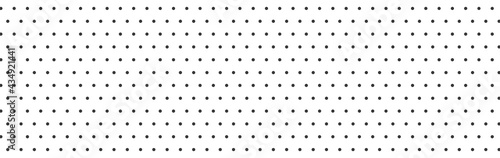 Dot long background. Geometric circle texture on white banner. Repeat grey ornament. Polka dot design element. Cloth print. Perforated shape. Grid business cover. Optical effect. Vector illustration