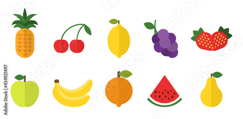 Fruit set. Orange, strawberry apple lemon, banana pineapple watermelon grapes pear, cherry. Summer vegetarian food. Healthy organic juice. Citrus dessert. Vegan, tropical. Vector illustration