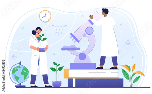 Male and female scientists are working on ecological chemistry in lab together