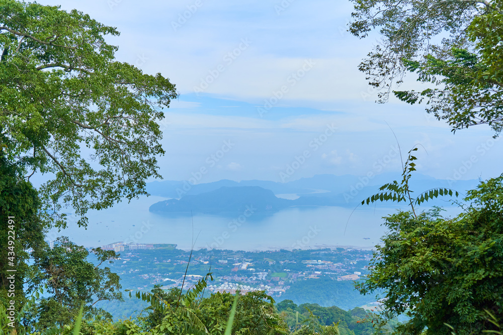 Natural landscape. Tropical island in Malaysia. Mountain jungle nature view from high viewpoint