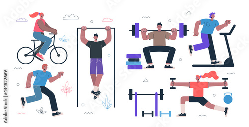 Healthy lifestyle fitness and street workout sports exercises concept. Persons squat with barbell, running on treadmill, ride bike, morning warm-up with dumbbells, pull-up on bar. Gym and work-out