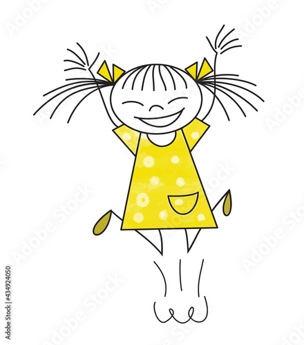 A cheerful little girl laughs and jumps for joy. Vector illustration isolated on white background, in childish doodles style.