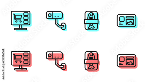 Set line Fish plastic tray container, Shopping cart computer, Security camera and Identification badge icon. Vector