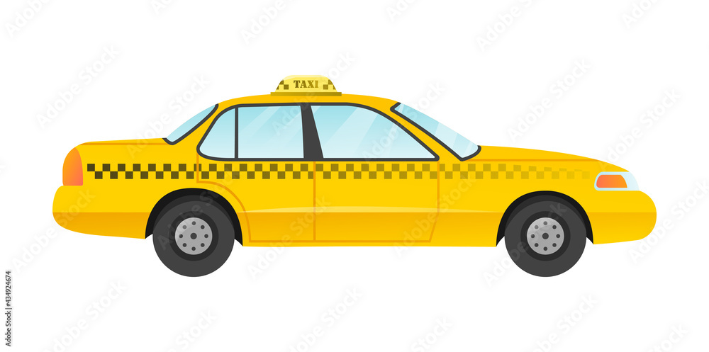 Sticker of yellow sedan taxi car on white background.