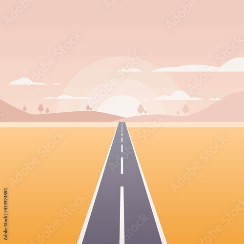 Vector landscape background. Road in golden yellow wheat field, mountains, hills, clouds on the sky. Flat style illustration of autumn nature.
