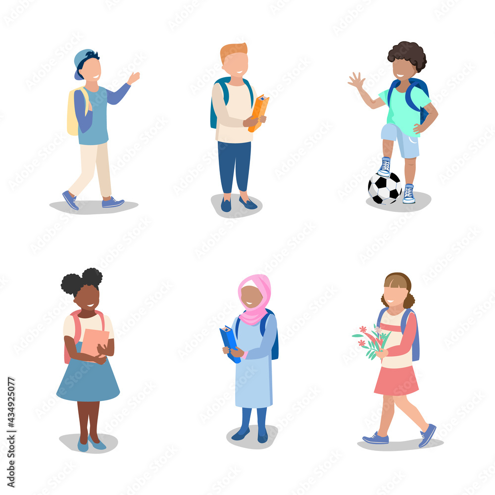 Happy boys and girls of different nationalities go to school with backpacks and books. Vector set of school children isolated on white background.