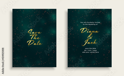 sparkling golden and dark green wedding card design