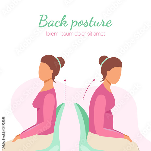 Back posture graphic manual. Correct and incorrect way of posture. Woman slouch and woman erect posture. Vector illustration 