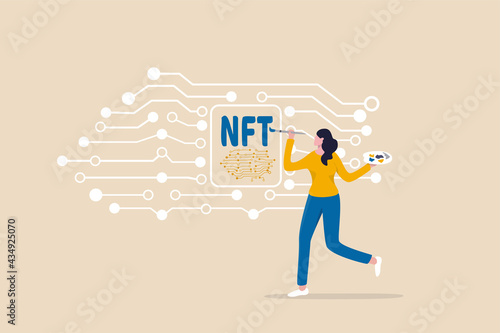 NFT non-fungible token, selling crypto art or painting as unique digital asset with cryptocurrency payment in online bidding website, artist woman painting beautiful digital canvas with the word NFT.