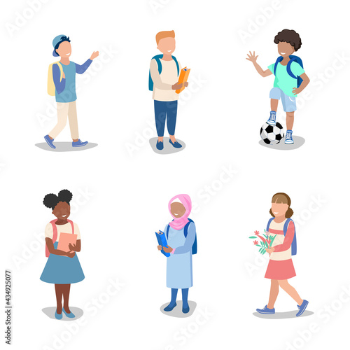 Happy boys and girls of different nationalities go to school with backpacks and books. Vector set of school children isolated on white background.