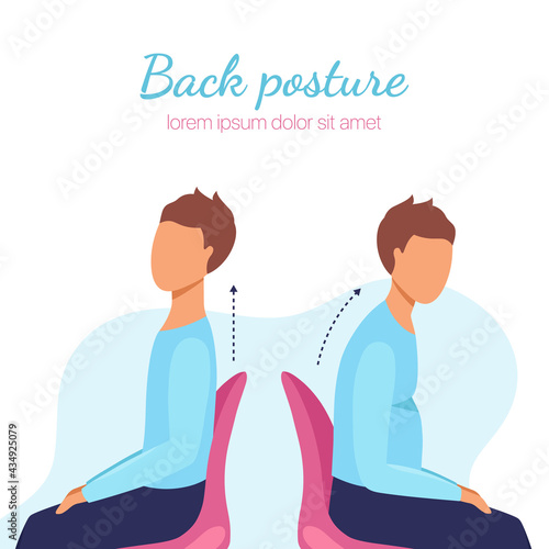 Man sitting in good and bad way. Office syndrome. Round-shouldered man and erect posture man. Vector illustration 