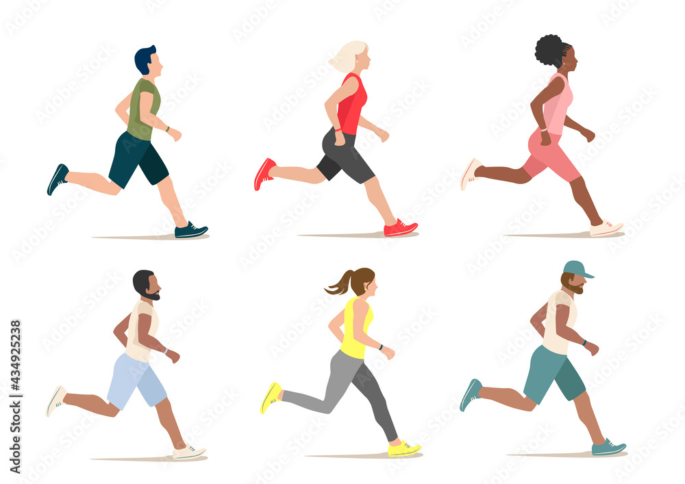 Men and women of different nationalities are running together. Sports people vector illustration in flat style isolated on white background.