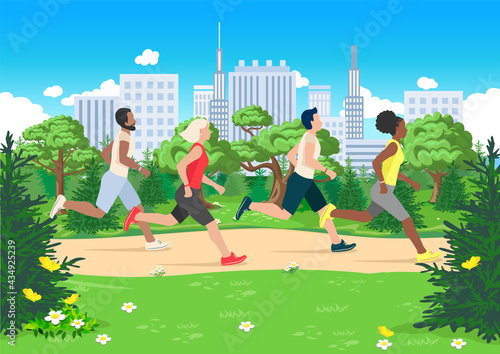 Men and women of different nationalities run together in the city park. Sports people vector illustration in flat style.