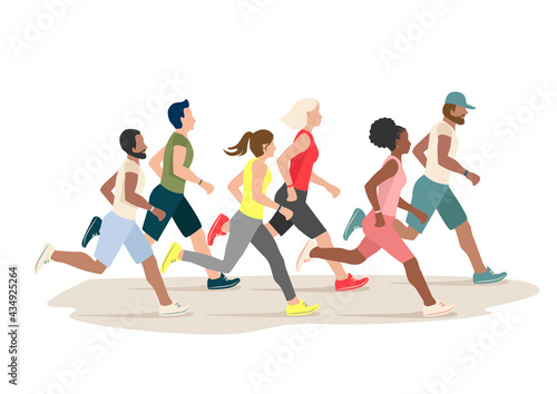 Men and women of different nationalities are running together. Sports people vector illustration in flat style isolated on white background.