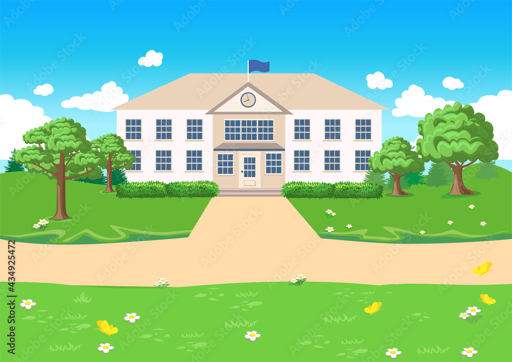 The road leading to the school building in the background of nature. Vector illustration. Back to school background.