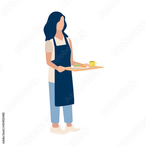 A girl waiter in an apron holds a tray of food in her hands. Vector illustration isolated on white background.