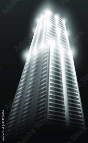 Night landscape. City building. Abstract vector illustration of a multi-storey building in the rays of illumination on the background of the night sky. A blank for creativity.