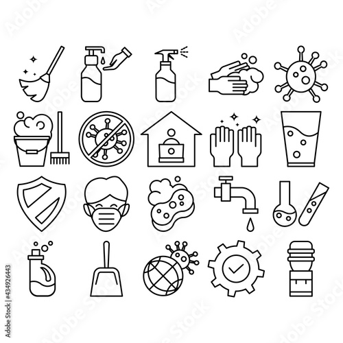 Disinfection and cleaning icon set. Collection of linear simple web icons such as hygiene, disinfection, cleaning, washing and other. Editable vector stroke.
