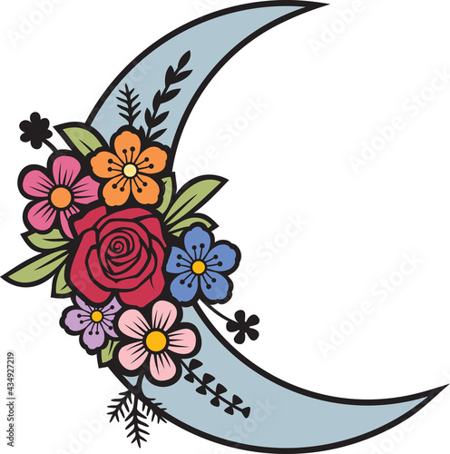 floral moon vector. Crescent with flowers