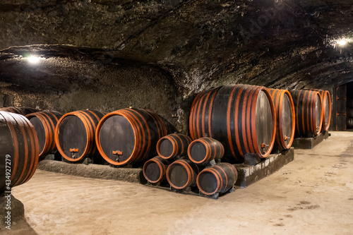 wine cellars with barrels, traditional wine called Bikaver near Eger, Hungary photo