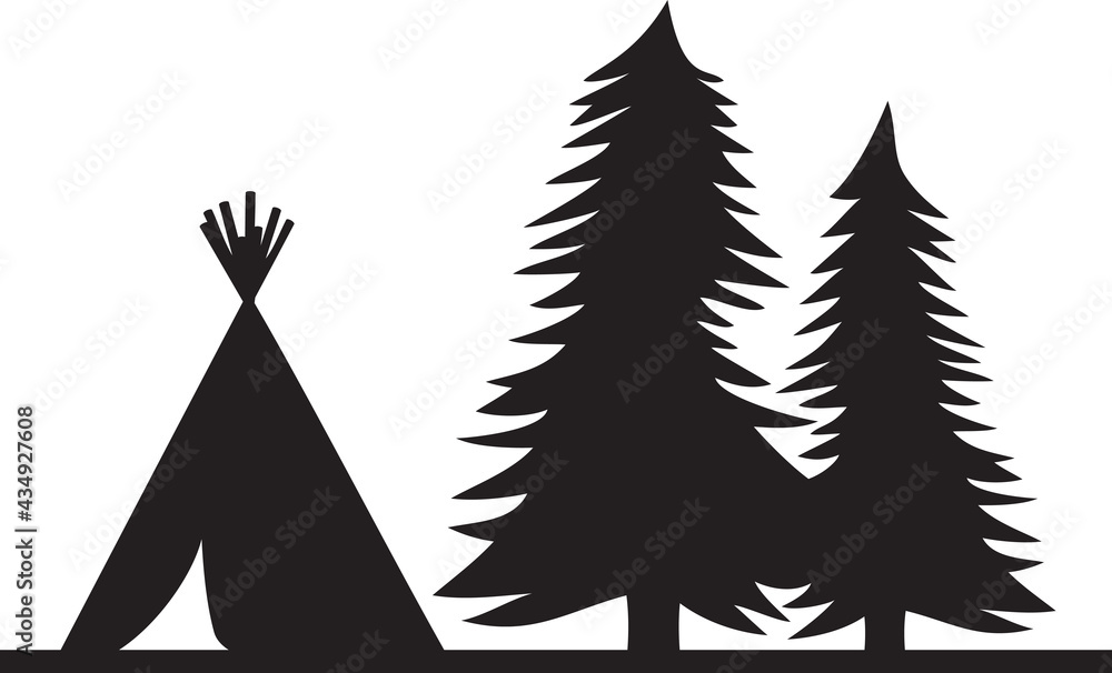 Native American wigwam (indian tepee) and trees or forest landscape Native American wigwam (indian tepee) and trees or forest landscape