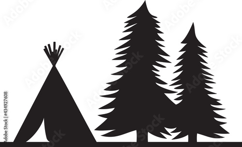 Native American wigwam (indian tepee) and trees or forest landscape