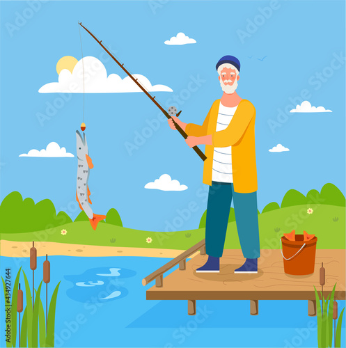 Male elderly fisher is fishing in the pond by himself