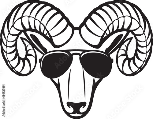 Ram head with aviator sunglasses black white vector