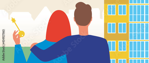 Happy couple with apartment key, vector stock illustration with buying an apartment, room in a skyscraper