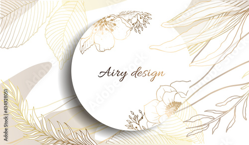 Gold frame. 3D paper cutout. Leaves and flowers from golden threads. Round frame with summer flowers in vintage style. Vector illustration. Place for an inscription.