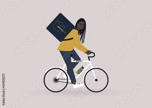 Food delivery service, a young female Black courier riding a bike