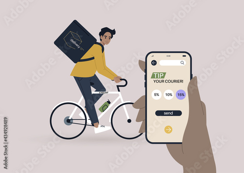 Tip your courier mobile app interface, a young male character riding a bike, a delivery service