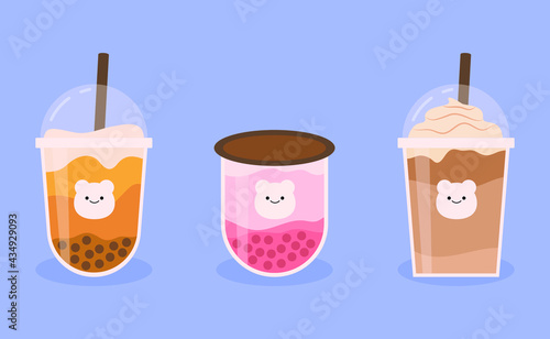 Illustration of iced boba or bubble milk tea flavors collection flat design