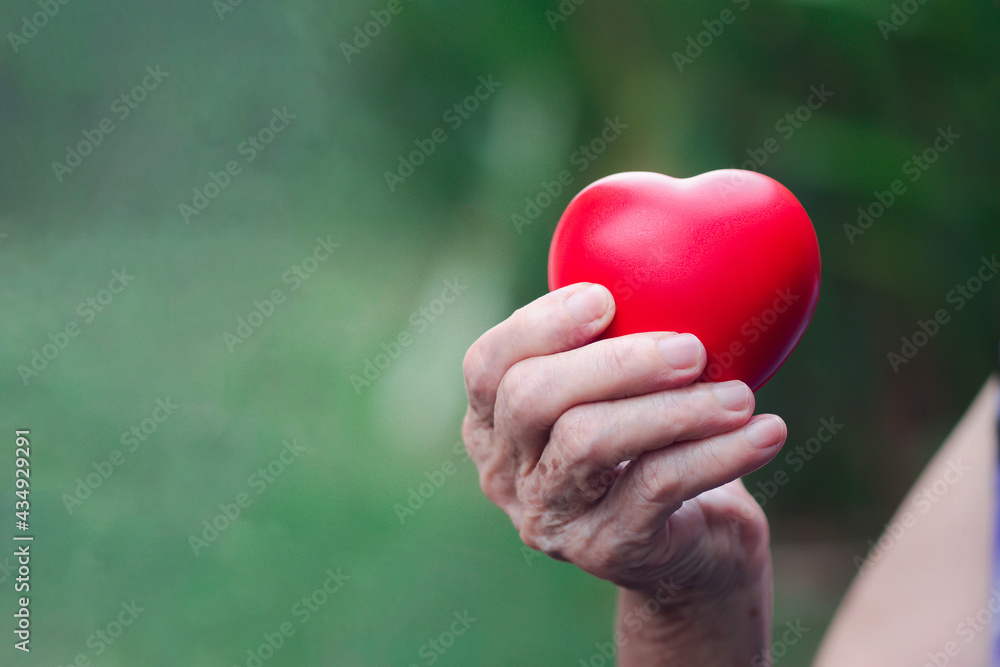 Hand of a senior woman holding a red heart shape while standing outdoors. Close-up photo. Aged people and healthcare concept