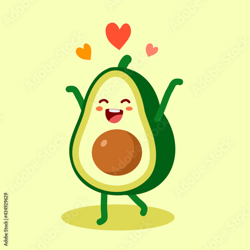 Vector illustration of cute happy character green and yellow avocado with heart on color background