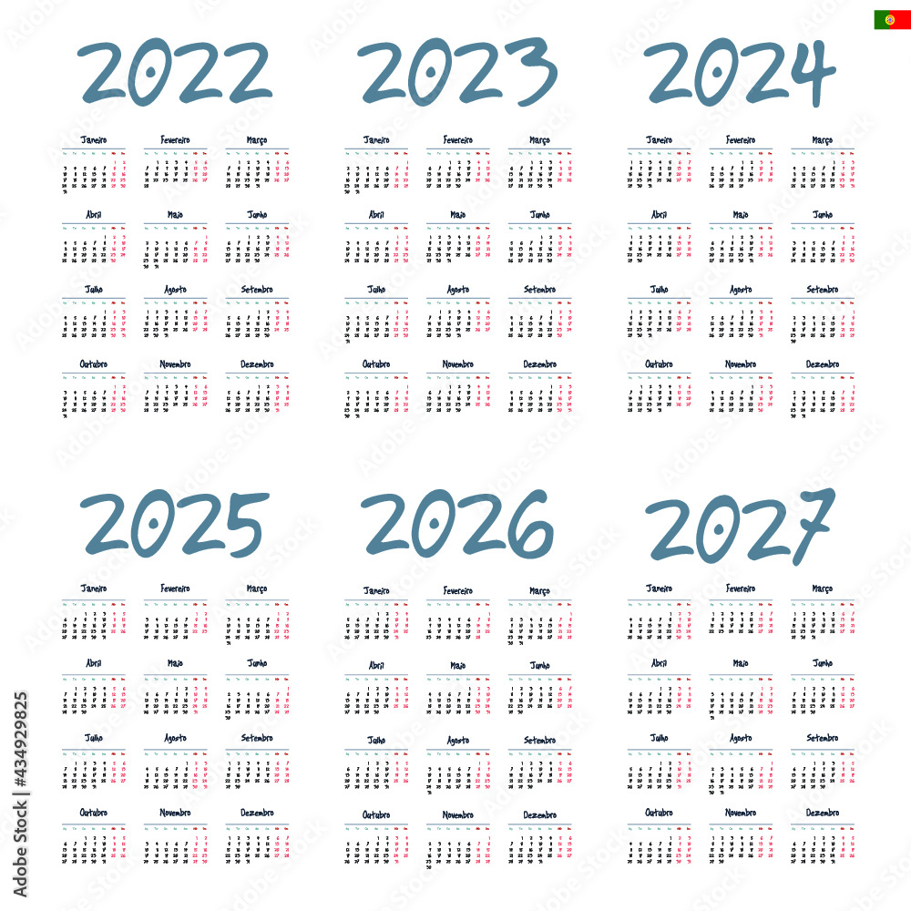 Portuguese calendar 2022, 2023, 2024, 2025, 2026, 2027 on white ...