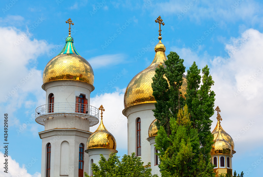 Orthodox golden domes . Church in Russian style 