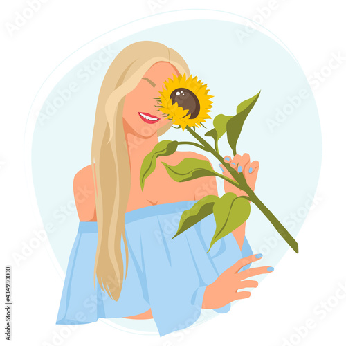 Vector illustration with a girl and a sunflower. Summer flat picture. Summer time 