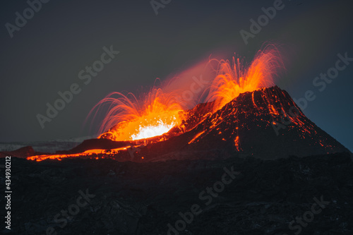 Iceland Volcanic eruption 2021. The volcano Fagradalsfjall is located in the valley Geldingadalir close to Grindavik and Reykjavik. Hot lava and magma coming out of the crater.