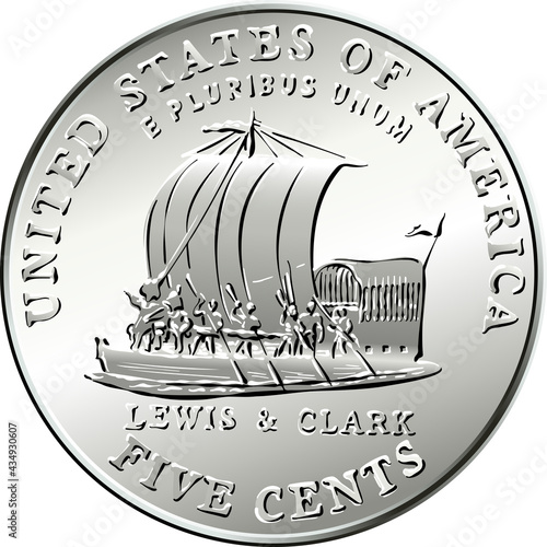 Jefferson nickel, American money, USA five-cent coin with keelboat of Lewis and Clark Expedition on reverse in honor of bicentennial of Expedition