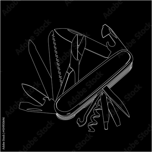 swiss army knife white on black background