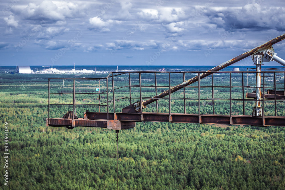 Aerial view from old Soviet Duga radar in abandoned military base in Chernobyl Exclusion Zone in Ukraine Aerial view from old Soviet Duga radar in abandoned military base in Chernobyl Exclusion Zone in Ukraine