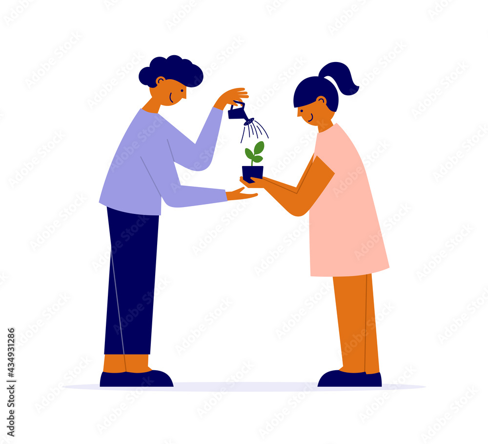 Couple of people growing new plant life. Family, parent, child vector illustration. Man irrigates baby sprout by watering can. Woman holding flower pot. Houseplant care. Investment, savings growth