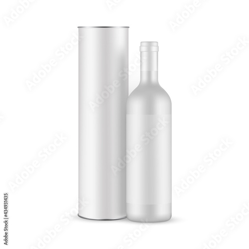 Blank Ceramic Wine Bottle With Label and Cardboard Tube Mockup Isolated on White Background. Vector Illustration