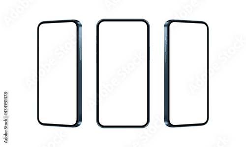 Phone Blue Mockup, Isolated on White Background, Front and Side View. Vector Illustration